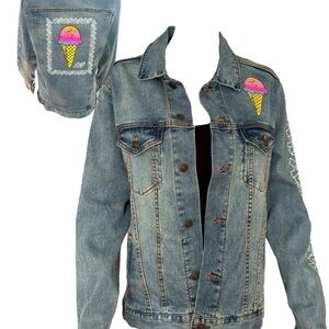 PEANUTS AVAF Charlie Brown‎ Unisex Ice Cream Blue Denim Jean Jacket Boho SZ M